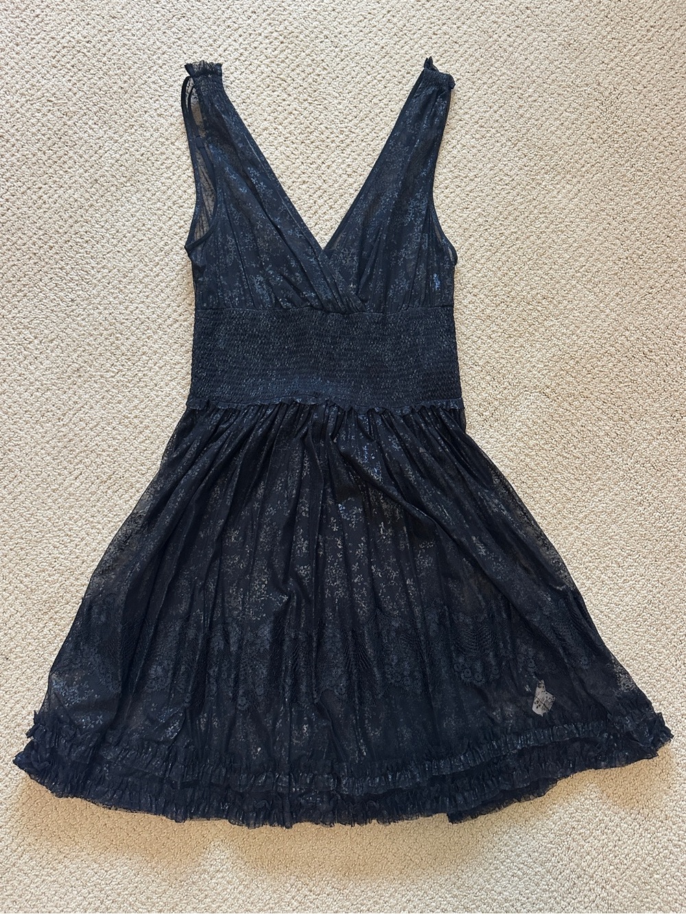 Free People V-Neck Black Lace Dress with Silver Floral Accents Size Small